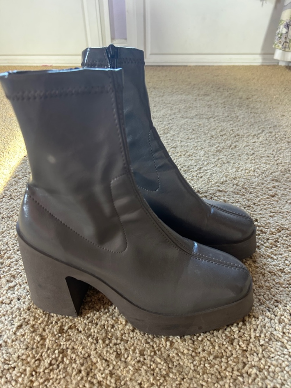 Platform Block Heel Ankle Boots in Gray